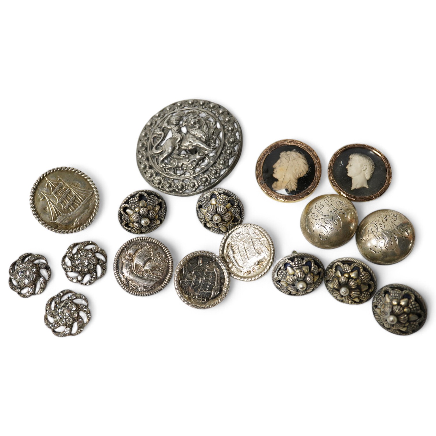 A group of 17 assorted antique buttons, largest 52mm;, Condition - variable, fair-good